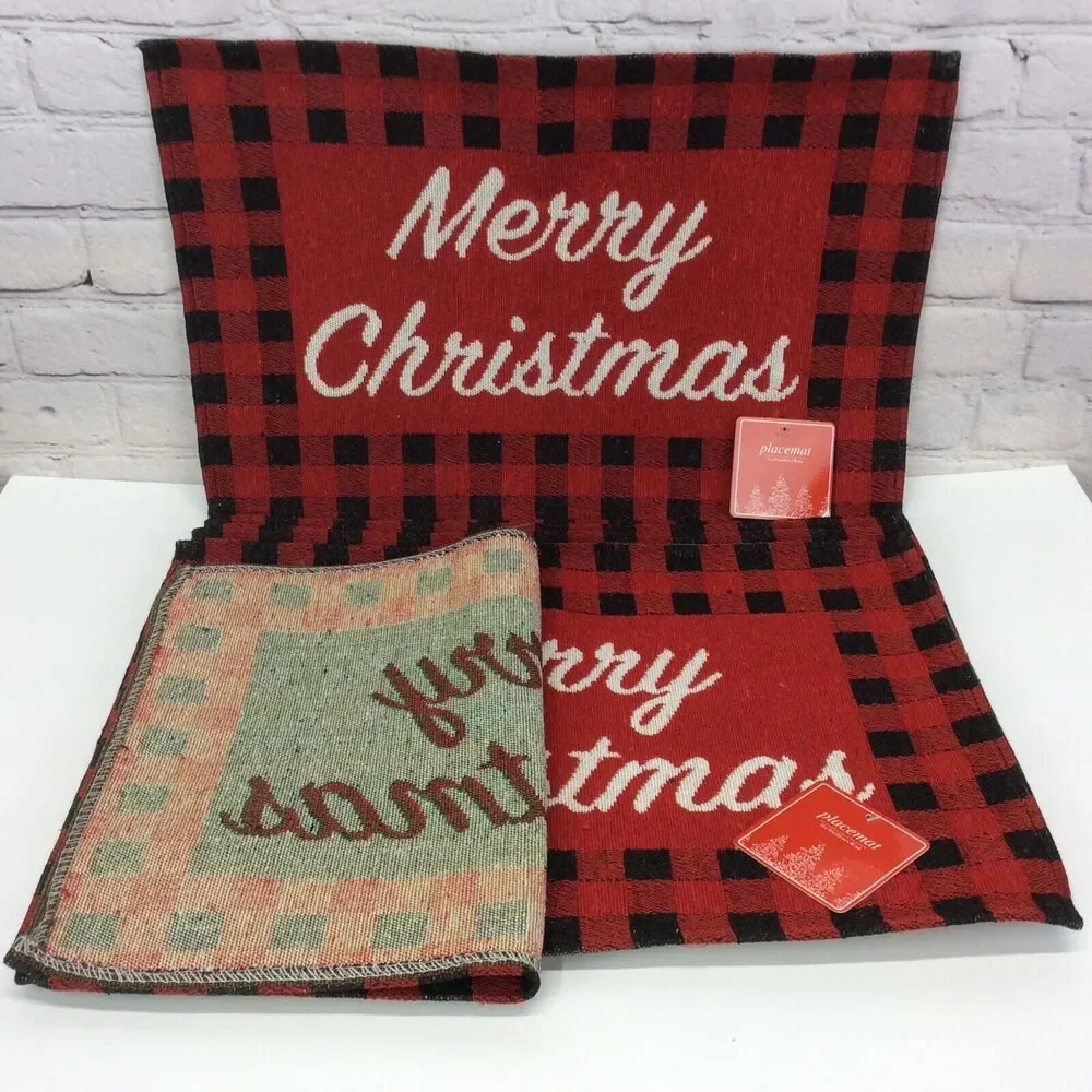 Merry Christmas Tapestry Placemats Set of 6 Red/Black Buffalo Check Farmhouse